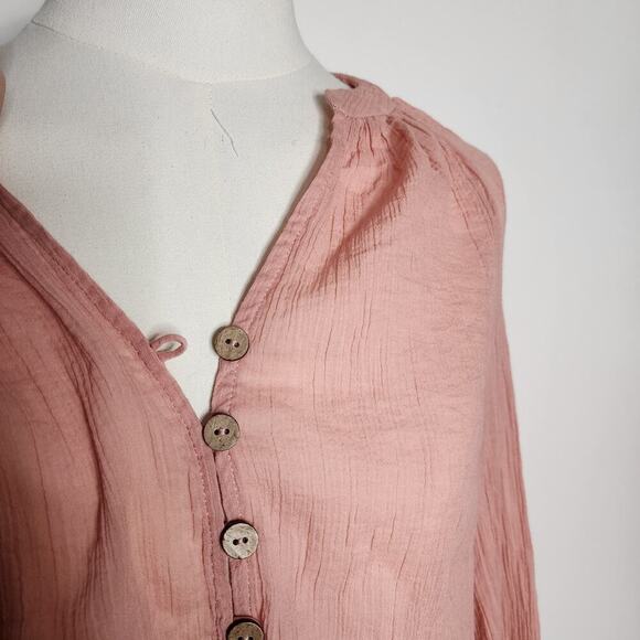 NWT Free People Coral Button Up Crepe Lightweight Semi Sheer Long Sleeve Sz XS - Picture 4 of 7